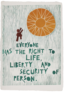 Article 3, from the series The Universal Declaration of Human Rights (English edition),1978  Linocut on handmade paper, Acervo Otávio Roth Collection. © Otávio Roth / Acervo Otávio Roth