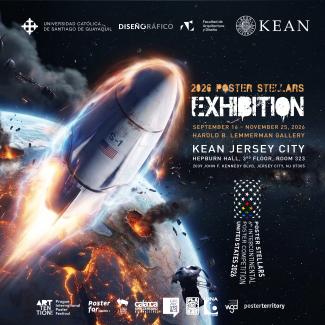 Poster Stellars Exhibition image, a space shuttle with the earth in the background